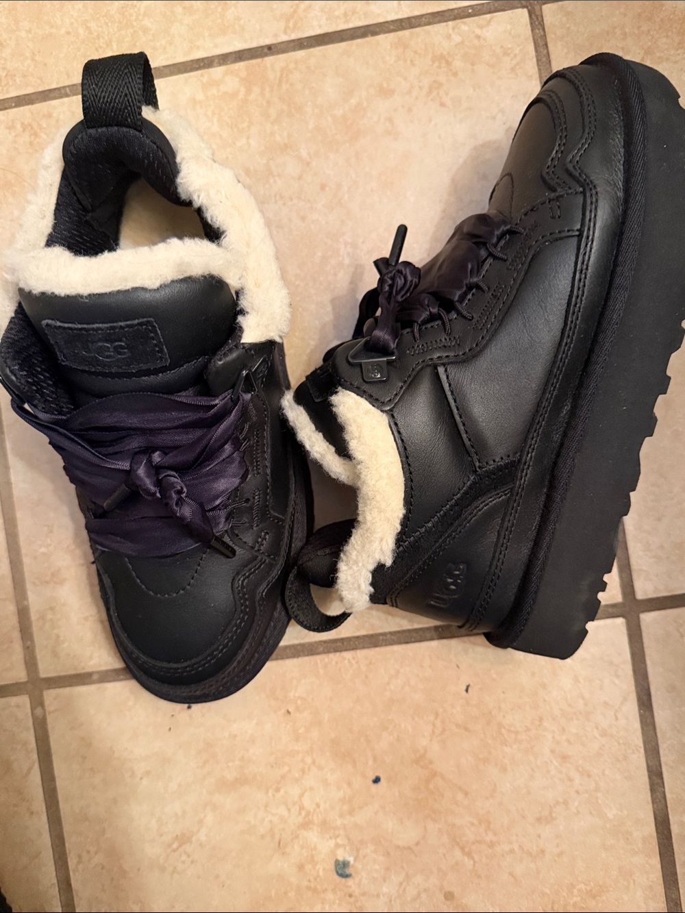 UGG Black Leather Platform Shearling Sneakers